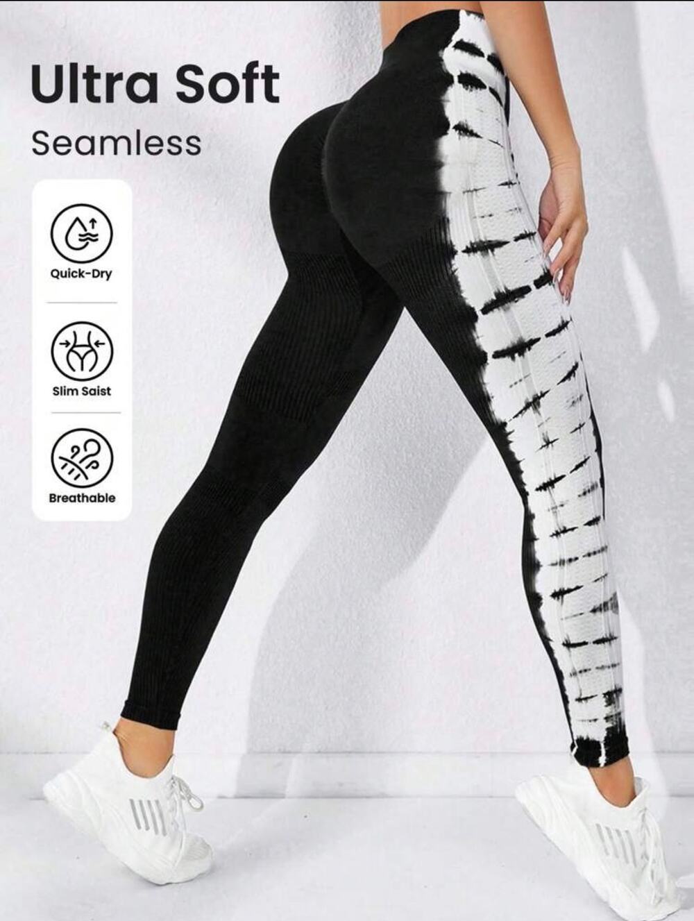 TIE DYE BLACK AND WHITE LEGGINGS-RIBBED TEXTURE-TUMMY CONTROL-STRETCHY